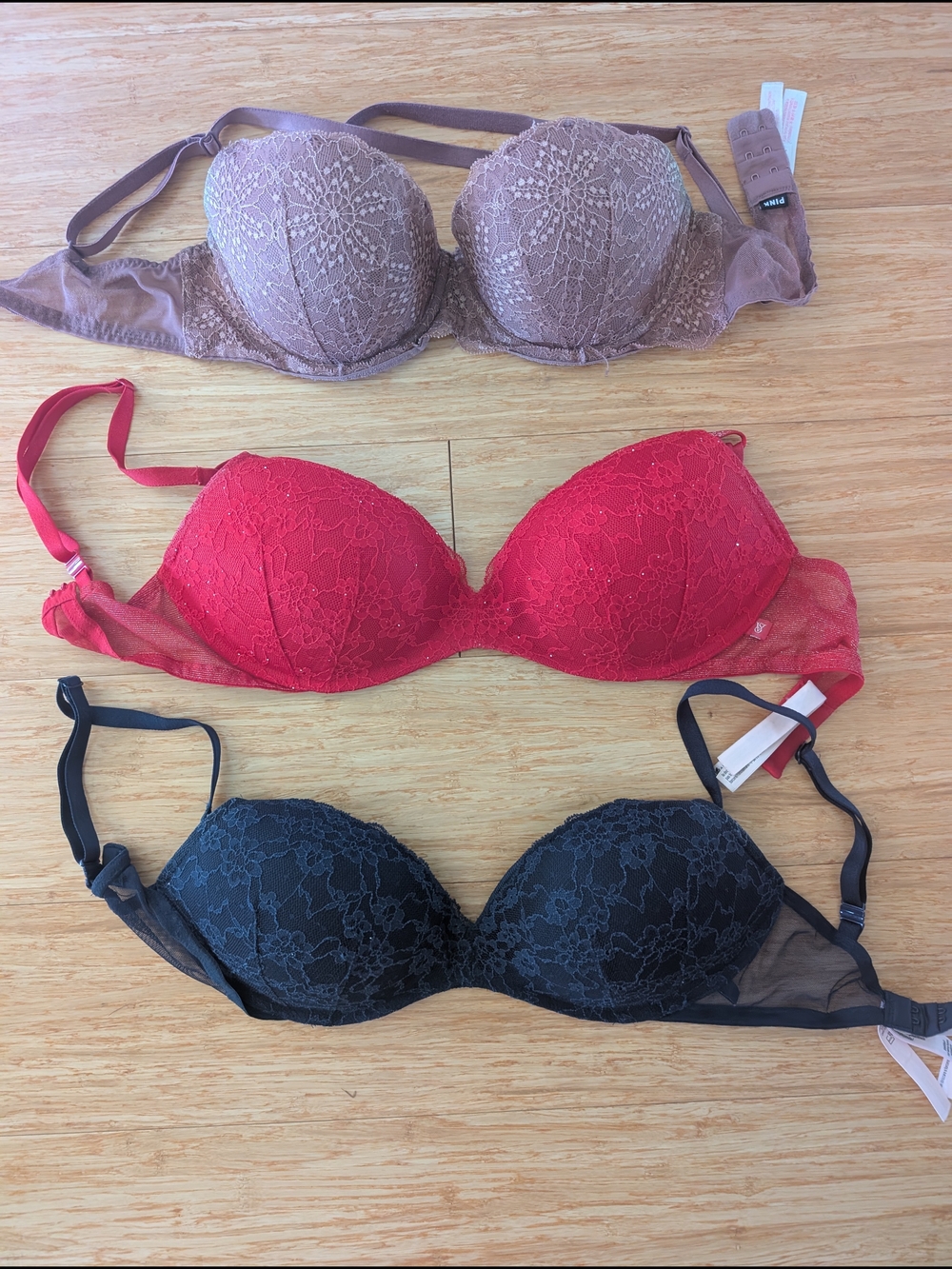 VS Lace Push-Up Bra Bundle - Red / Navy/ Taupe